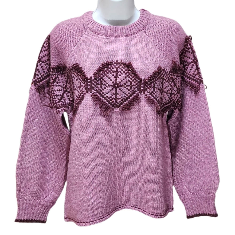 Democracy Women's Jacquard Knit Fringe Sweater Long Sleeve Crewneck Purple M